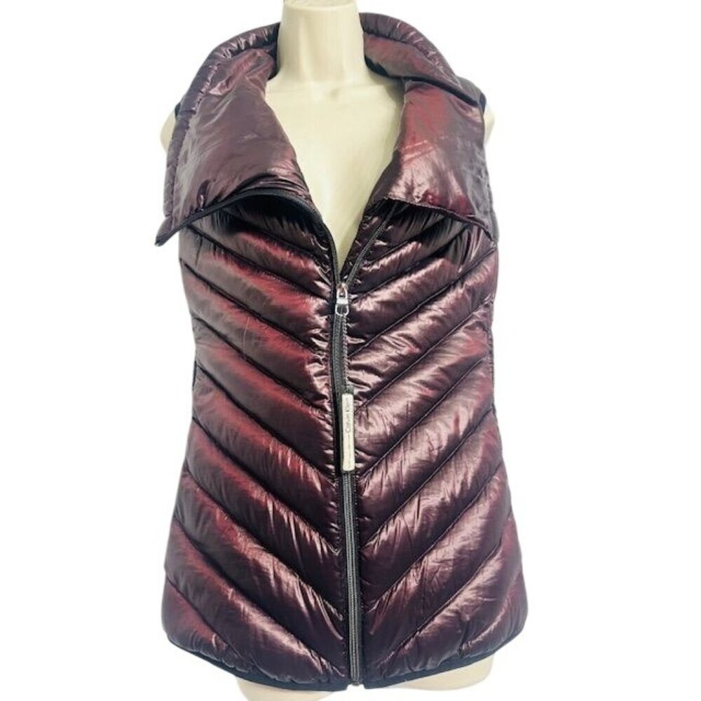 Calvin Klein Metallic Puffer Asymmetrical Zip Chevron Quilted Fun Design Vest XS